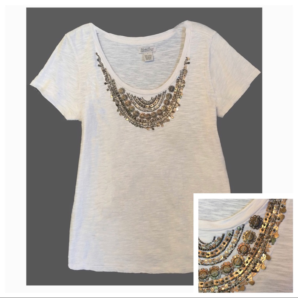 Lucky Brand tee cream w/bronze beads, short sleeve